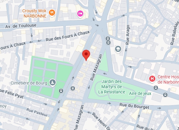 Plan de Narbonne : Rue Mazagran et Jardin des Martyrs Plan de Narbonne avec Rue Mazagran, Jardin des Martyrs, Cimetière de Bourg et un marqueur rouge de localisation.